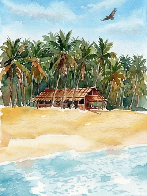 Watercolour of a thatched hut on a golden beach backed by coconut palms, a kite overhead