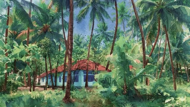Watercolour of a blue house with a red roof hidden among coconut palms and banana plants