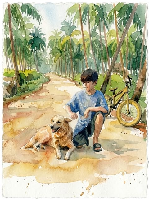Watercolour of a boy crouching beside a golden dog on a palm-lined lane, his bicycle resting nearby