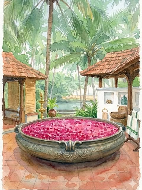 Watercolour of a courtyard with a bronze uruli full of rose petals, tiled pavilions and backwaters beyond