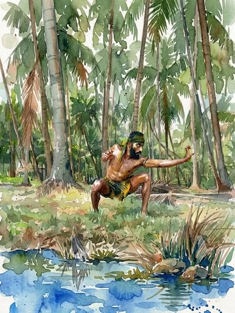 Watercolour of a kalaripayattu practitioner in a low stance in a palm grove beside a pond