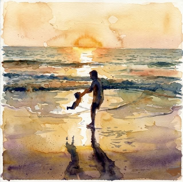 Watercolour of a parent swinging a small child by the hands at the water’s edge at sunset